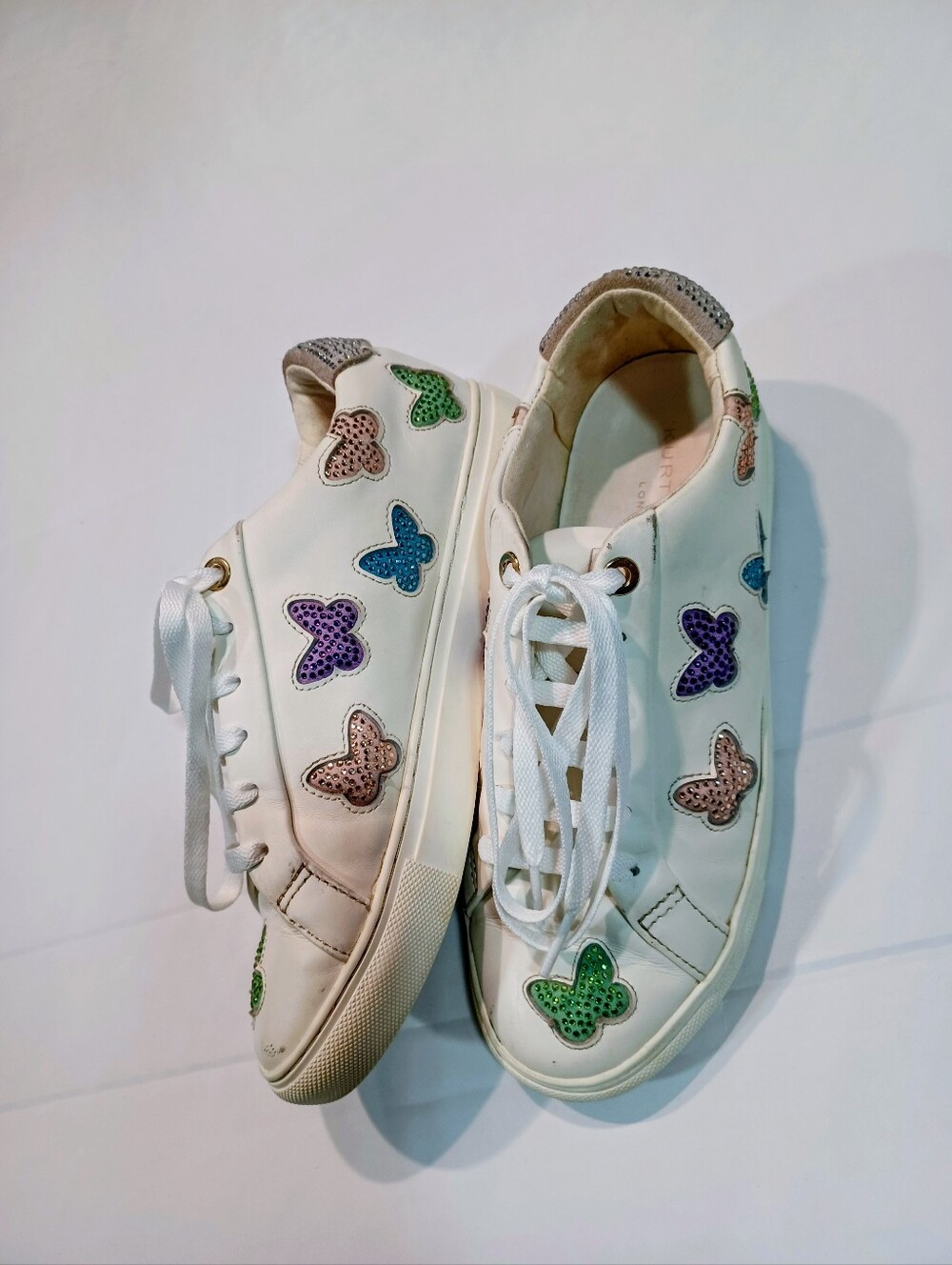 Kurt Geiger London Lane White Leather Sneakers Multicolor Rhinestone Butterflies - Picture 3 of 12